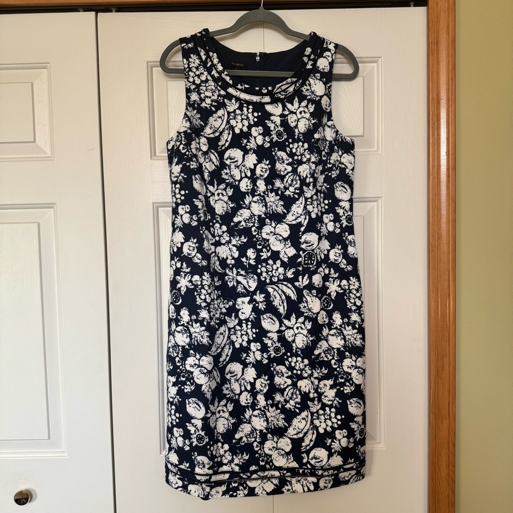 Talbots navy blue white floral print sheath dress work wear careerβ Size 10 NWT